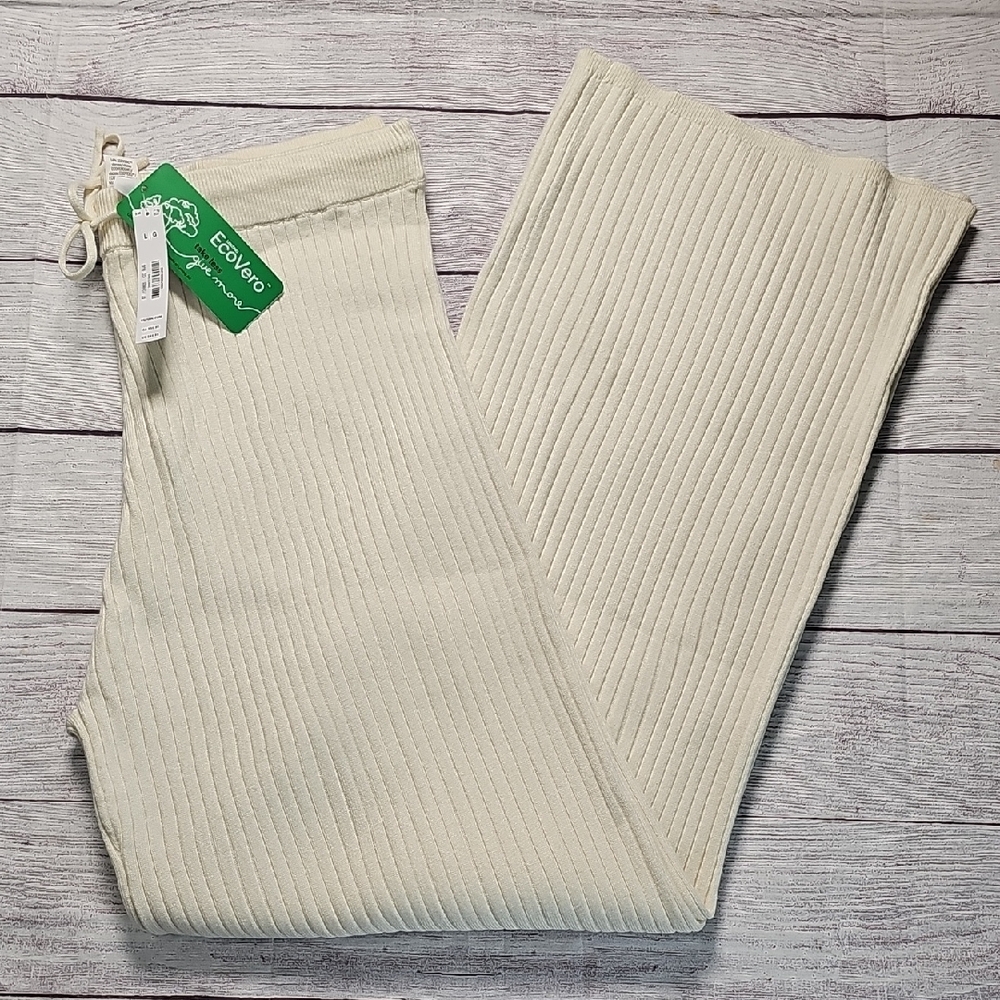 NWT L PINK Victoria's Secret Cream Ribbed Pajama Pants - Picture 1 of 10